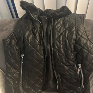 Guess Black Quilted Vest with Fur Collar